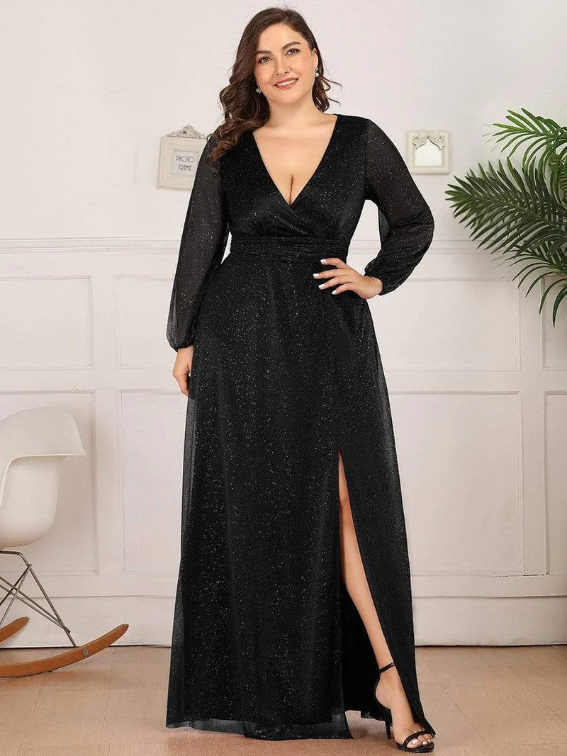 Sexy V-Neck Shiny Evening Dresses With Long Sleeve (Black) (Retail)