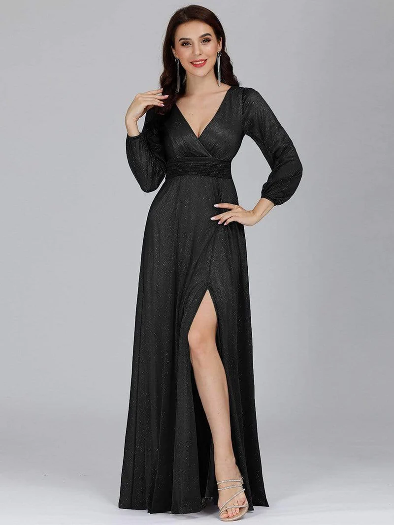 Sexy V-Neck Shiny Evening Dresses With Long Sleeve (Black) (Retail)