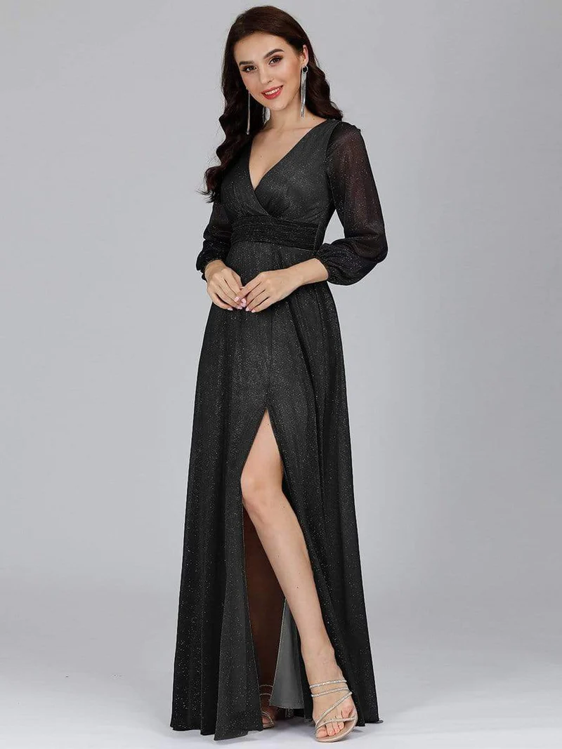 Sexy V-Neck Shiny Evening Dresses With Long Sleeve (Black) (Retail)