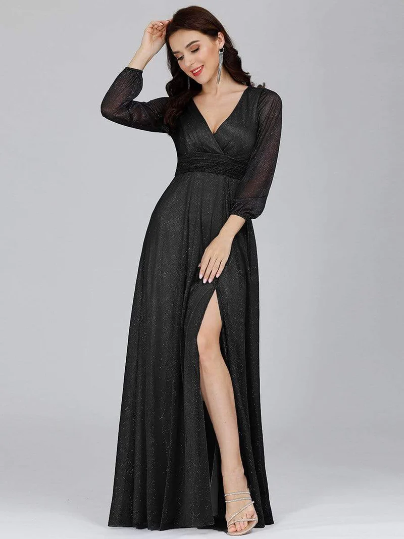 Sexy V-Neck Shiny Evening Dresses With Long Sleeve (Black) (Made To Order)
