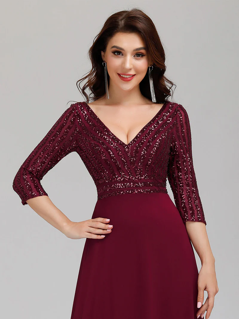 Plus Size 3/4 Sleeve V Neck A-Line Sequin Evening Dresses (Burgundy) (Made To Order)
