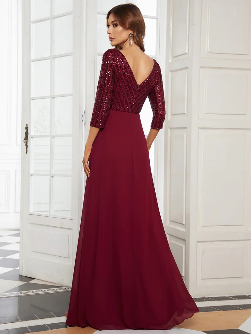 Plus Size 3/4 Sleeve V Neck A-Line Sequin Evening Dresses (Burgundy) (Made To Order)