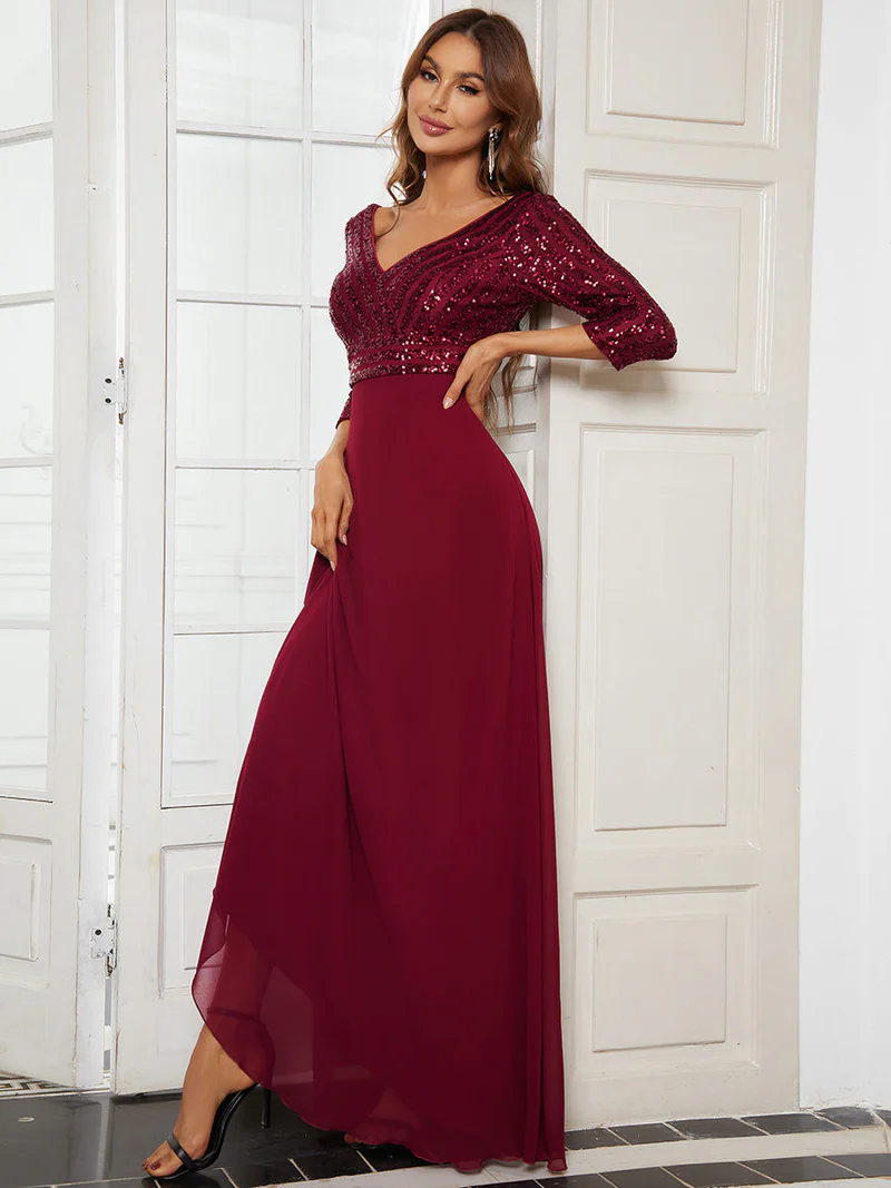 Plus Size 3/4 Sleeve V Neck A-Line Sequin Evening Dresses (Burgundy) (Made To Order)