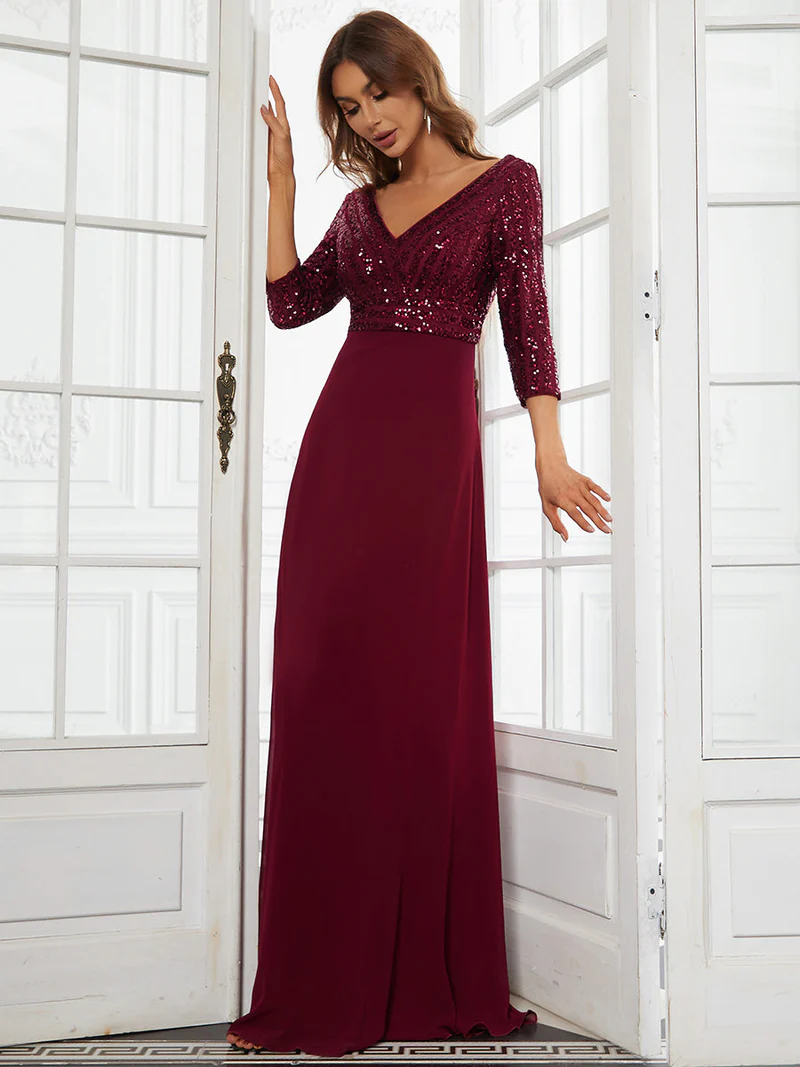 Plus Size 3/4 Sleeve V Neck A-Line Sequin Evening Dresses (Burgundy) (Made To Order)