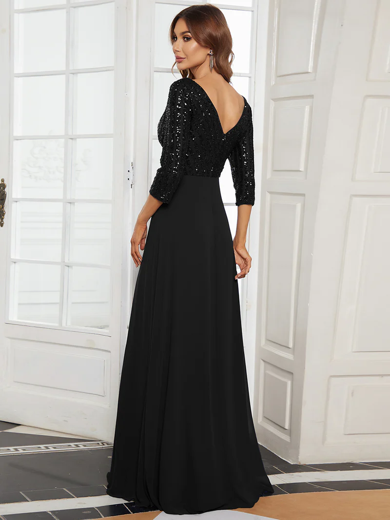 Plus Size 3/4 Sleeve V Neck A-Line Sequin Evening Dresses (Black) (Made To Order)