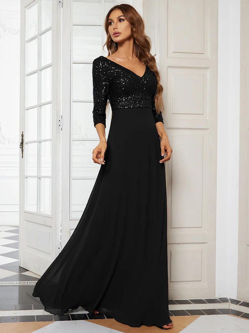 Plus Size 3/4 Sleeve V Neck A-Line Sequin Evening Dresses (Black) (Made To Order)
