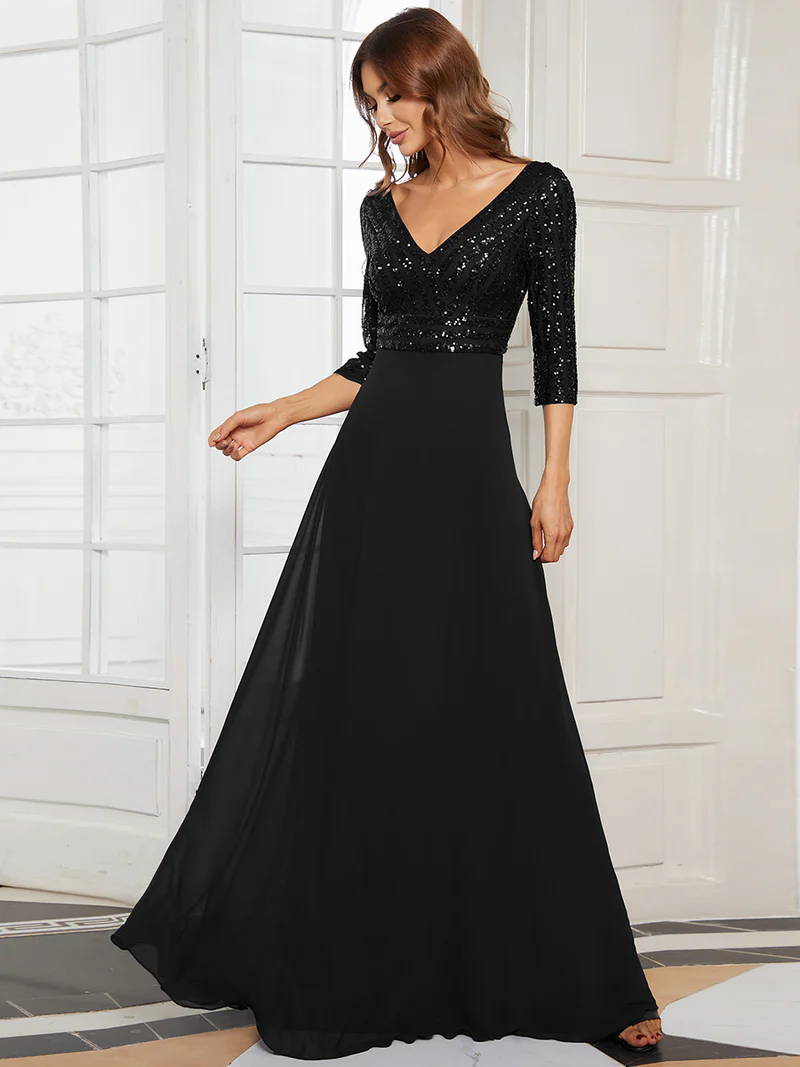 Plus Size 3/4 Sleeve V Neck A-Line Sequin Evening Dresses (Black) (Made To Order)
