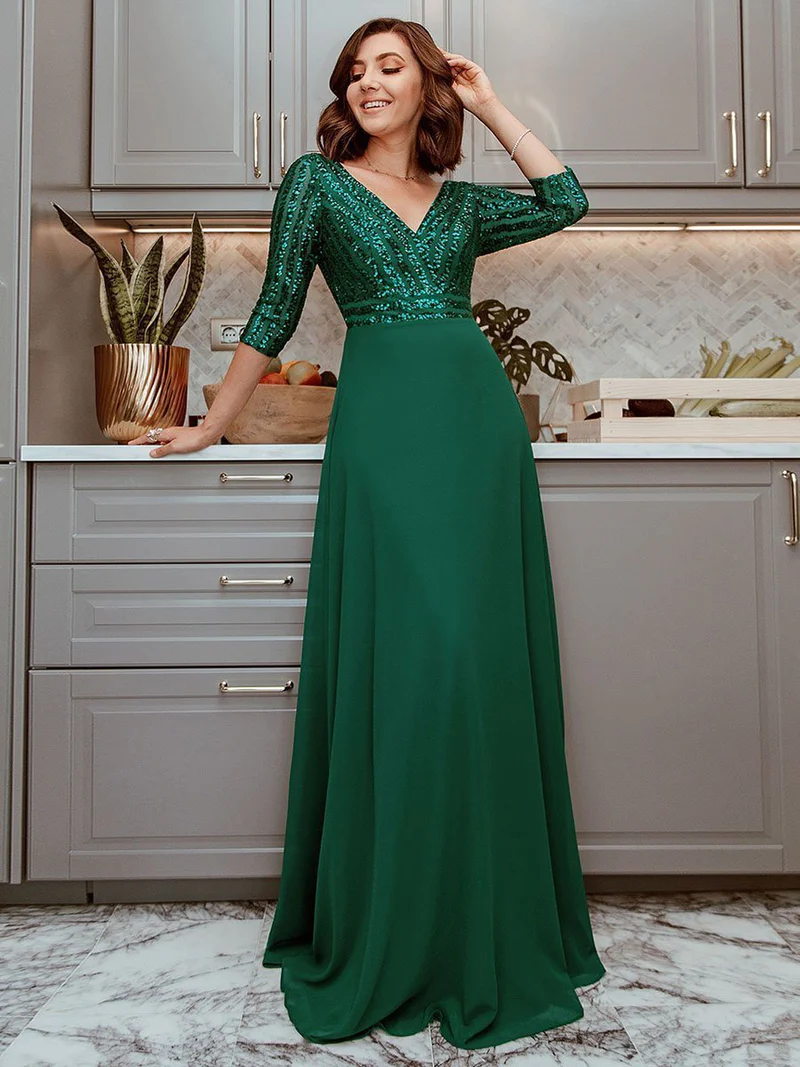 Plus Size 3/4 Sleeve V Neck A-Line Sequin Evening Dresses (Dark Green) (Retail)