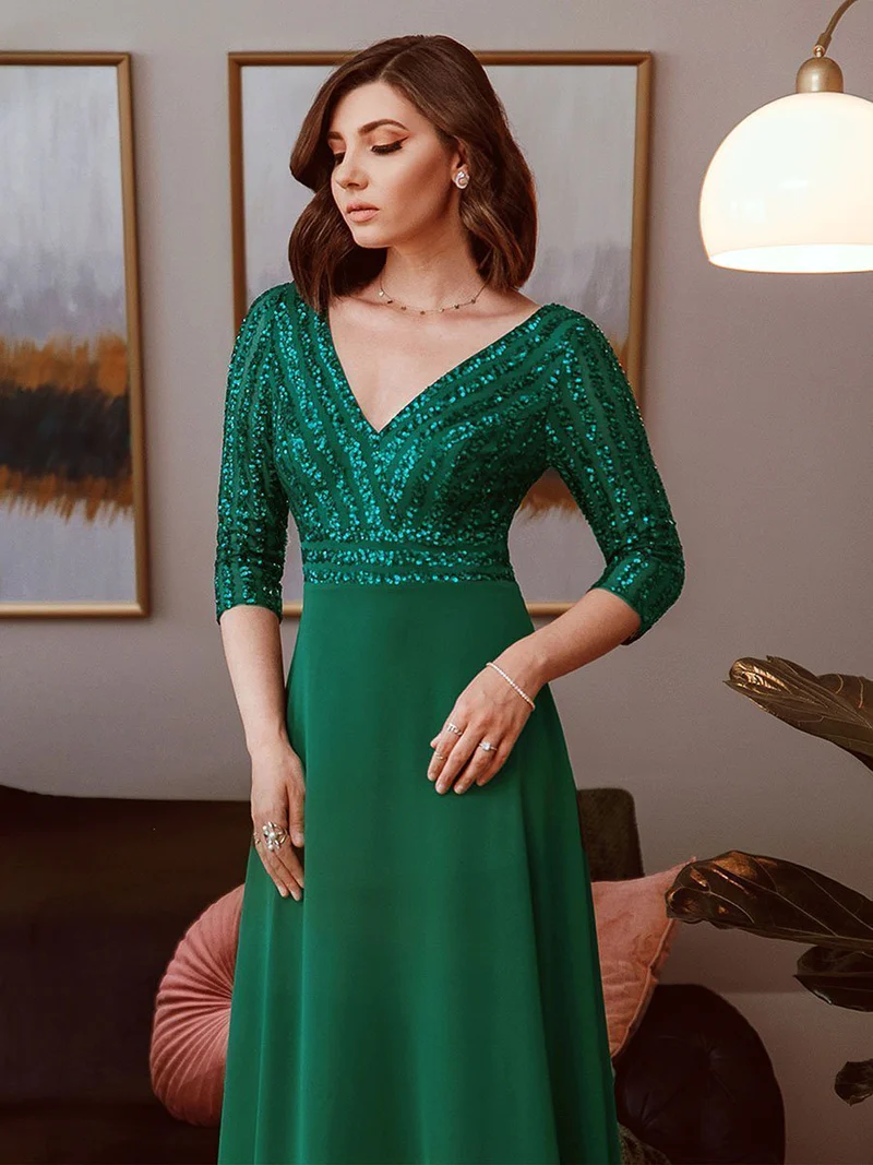 Plus Size 3/4 Sleeve V Neck A-Line Sequin Evening Dresses (Dark Green) (Retail)