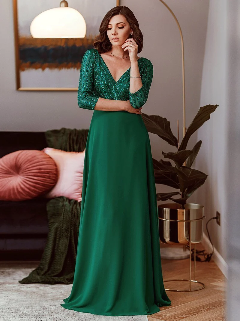 Plus Size 3/4 Sleeve V Neck A-Line Sequin Evening Dresses (Dark Green) (Retail)