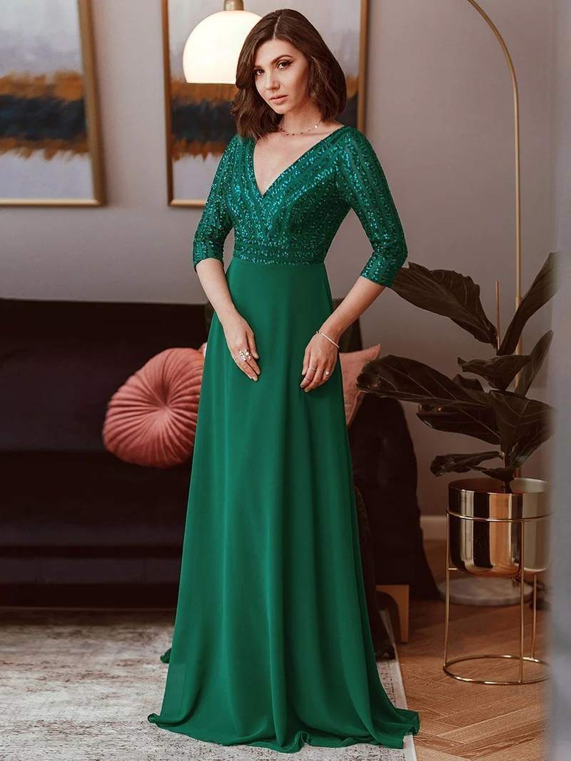 Plus Size 3/4 Sleeve V Neck A-Line Sequin Evening Dresses (Dark Green) (Retail)