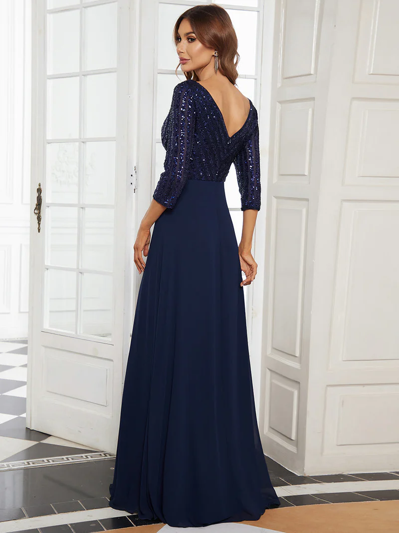Plus Size 3/4 Sleeve V Neck A-Line Sequin Evening Dresses (Navy Blue) (Retail)
