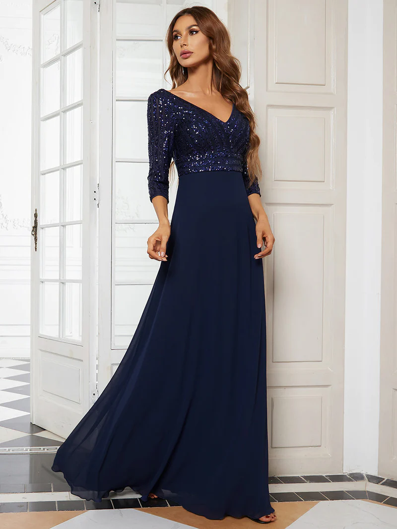 Plus Size 3/4 Sleeve V Neck A-Line Sequin Evening Dresses (Navy Blue) (Retail)