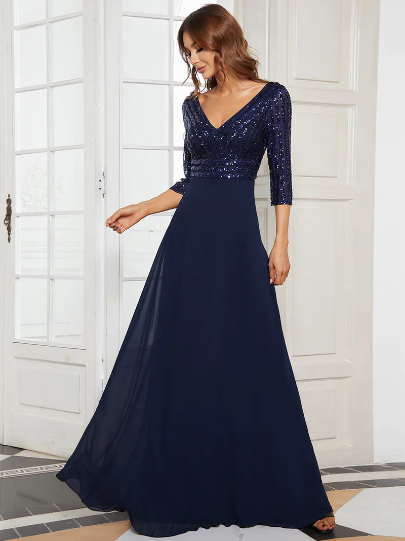 Plus Size 3/4 Sleeve V Neck A-Line Sequin Evening Dresses (Navy Blue) (Retail)