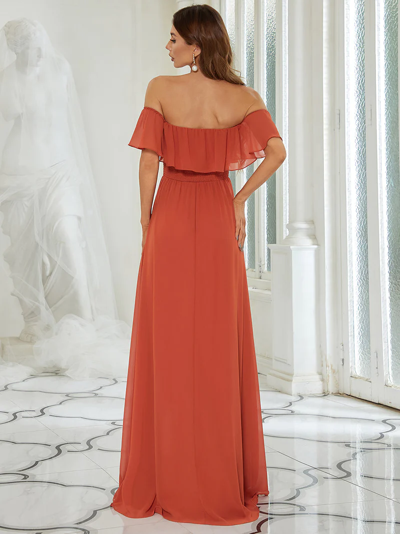 Off Shoulder Sleeveless Split Long Evening Dress (Burnt Orange) (Made To Order)