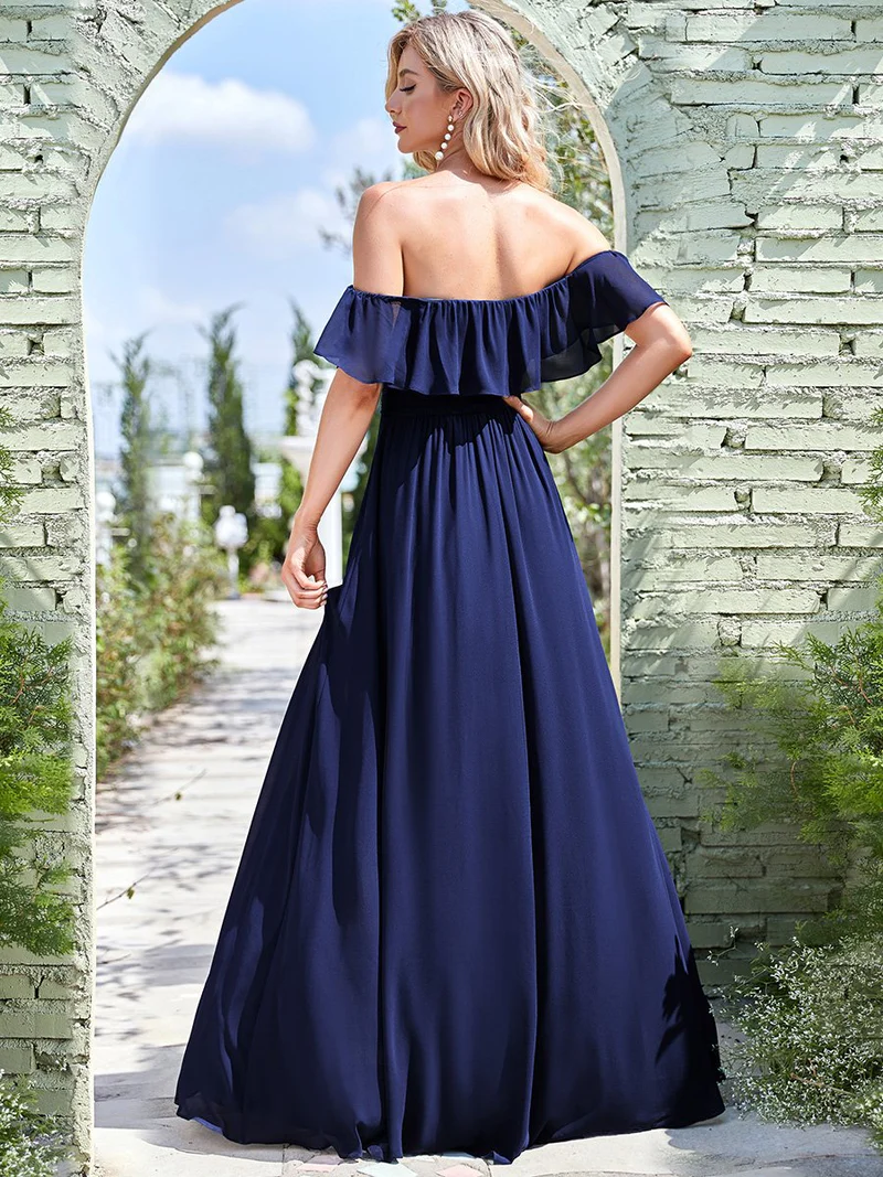 Off Shoulder Sleeveless Split Long Evening Dress (Navy Blue) (Made To Order)