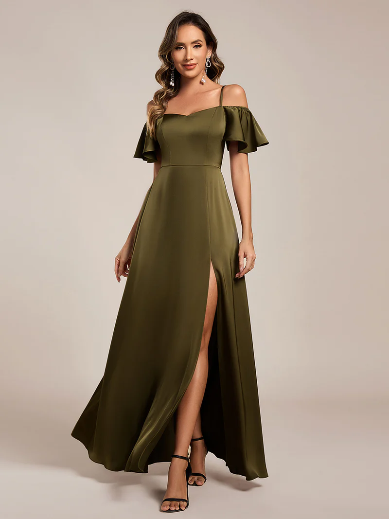 Short Sleeve Off Shoulder Satin Evening Gown (Olive Green) (Made To Order)