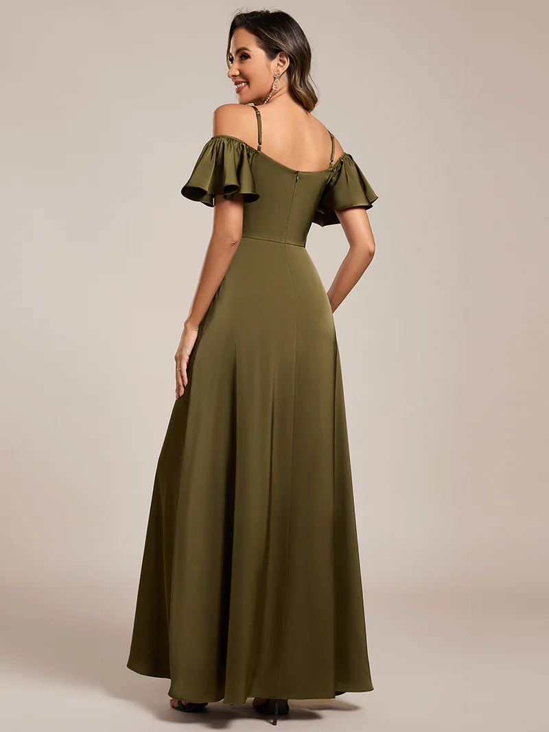 Short Sleeve Off Shoulder Satin Evening Gown (Olive Green) (Made To Order)
