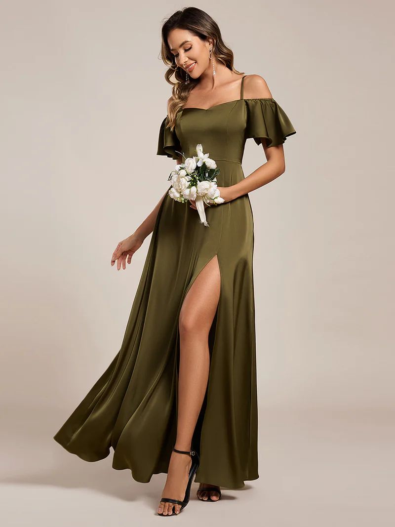 Short Sleeve Off Shoulder Satin Evening Gown (Olive Green) (Made To Order)
