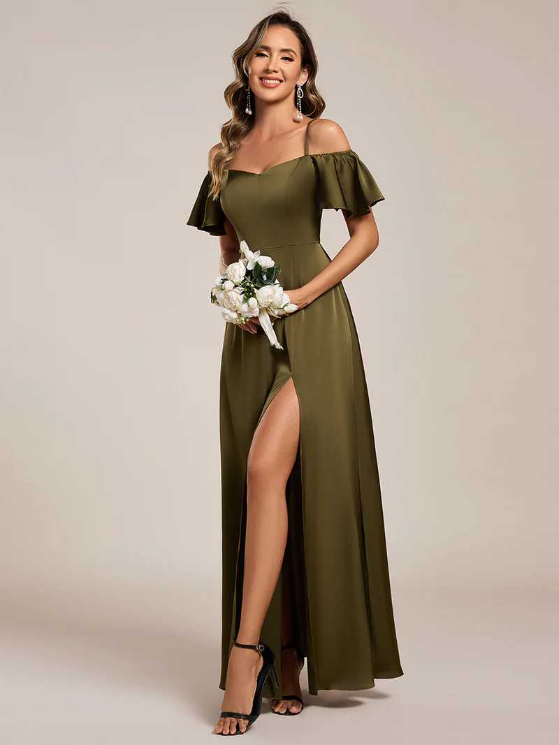 Short Sleeve Off Shoulder Satin Evening Gown (Olive Green) (Made To Order)