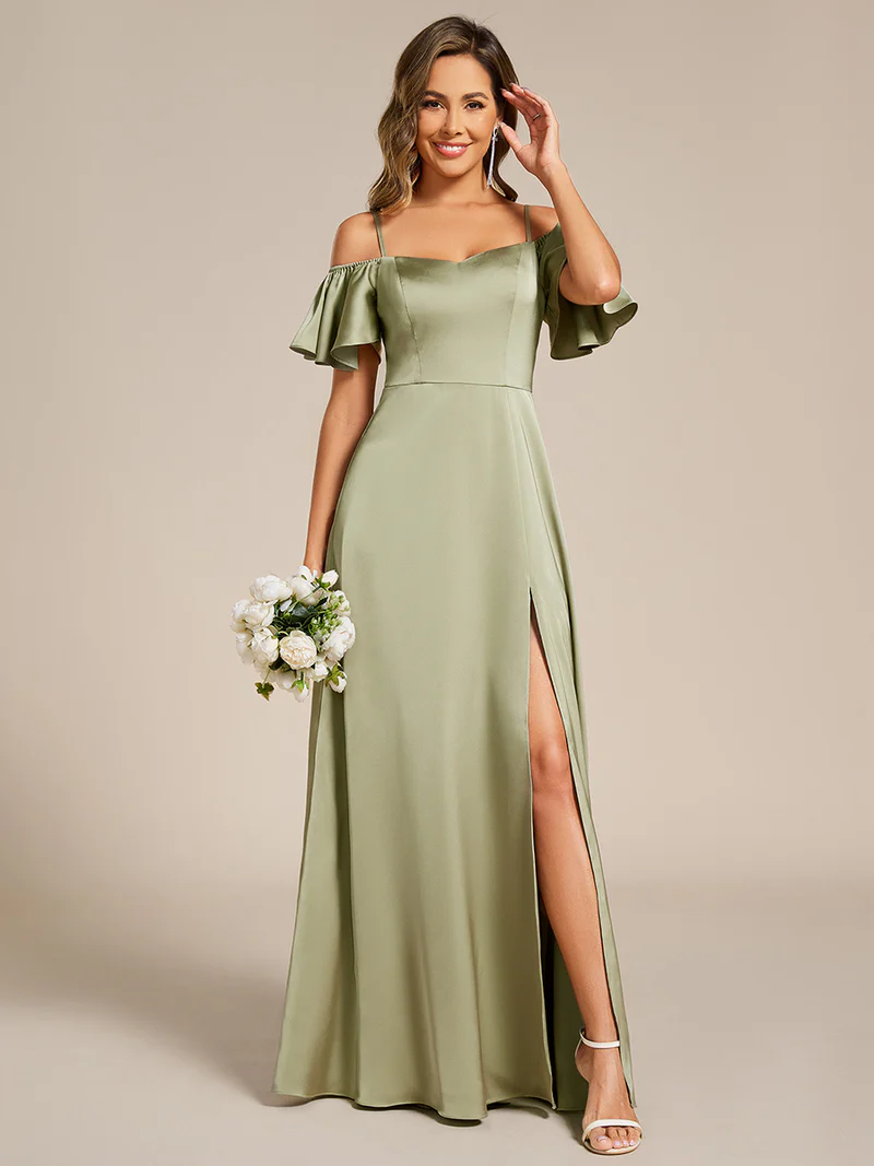 Short Sleeve Off Shoulder Satin Evening Gown (Olive Green) (Made To Order)