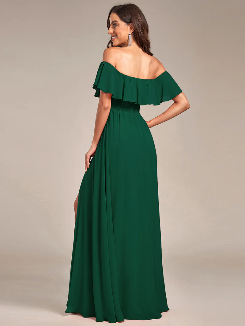 Off Shoulder Sleeveless Split Long Evening Dress (Dark Green) (Retail)