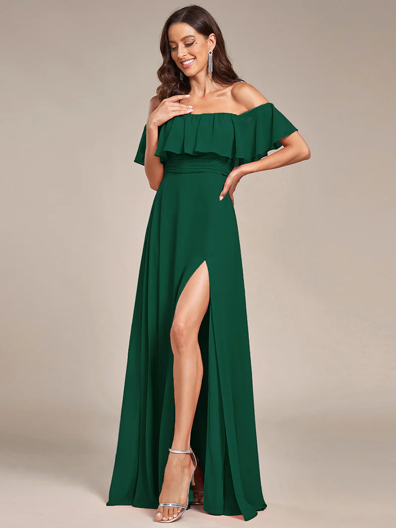 Off Shoulder Sleeveless Split Long Evening Dress (Dark Green) (Retail)