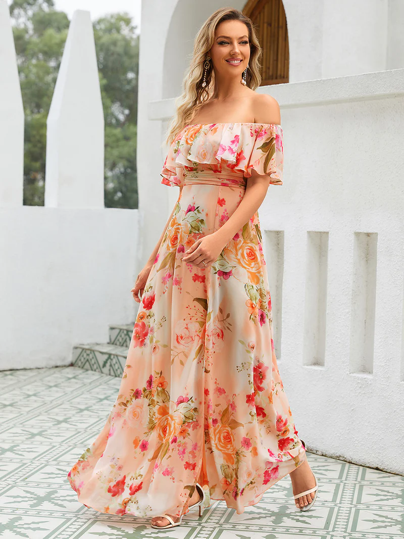 Off Shoulder Sleeveless Split Long Evening Dress (Peach Fuzz) (Made To Order)
