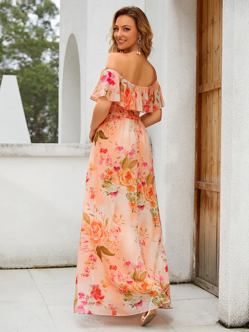 Off Shoulder Sleeveless Split Long Evening Dress (Peach Fuzz) (Made To Order)