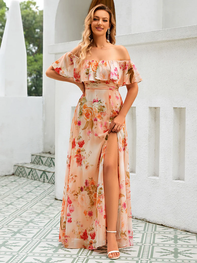 Off Shoulder Sleeveless Split Long Evening Dress (Peach Fuzz) (Made To Order)