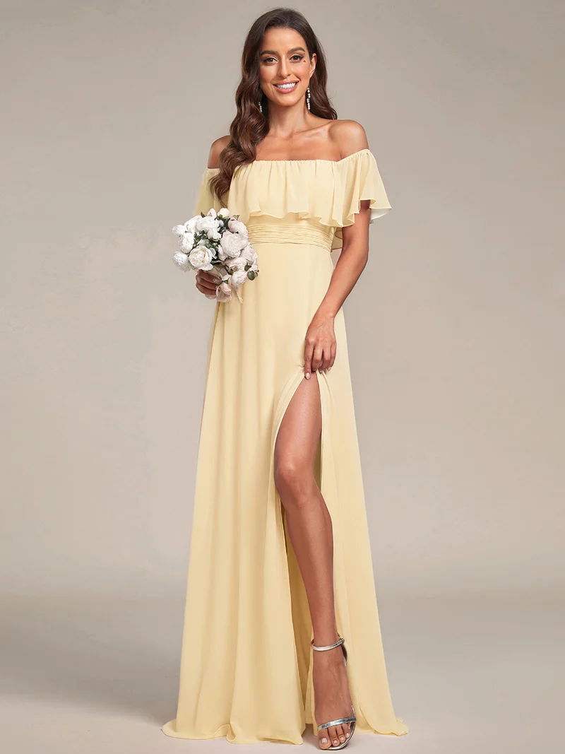 Off Shoulder Sleeveless Split Long Evening Dress (Yellow) (Retail)