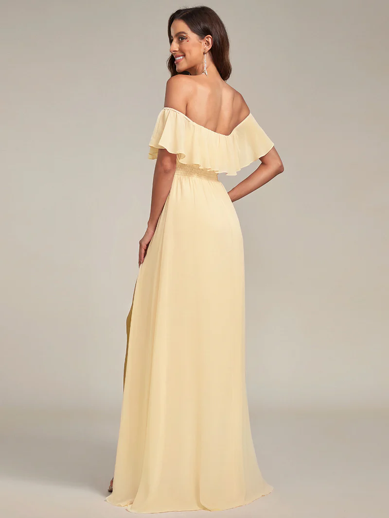 Off Shoulder Sleeveless Split Long Evening Dress (Yellow) (Retail)