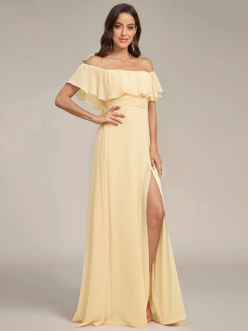Off Shoulder Sleeveless Split Long Evening Dress (Yellow) (Retail)