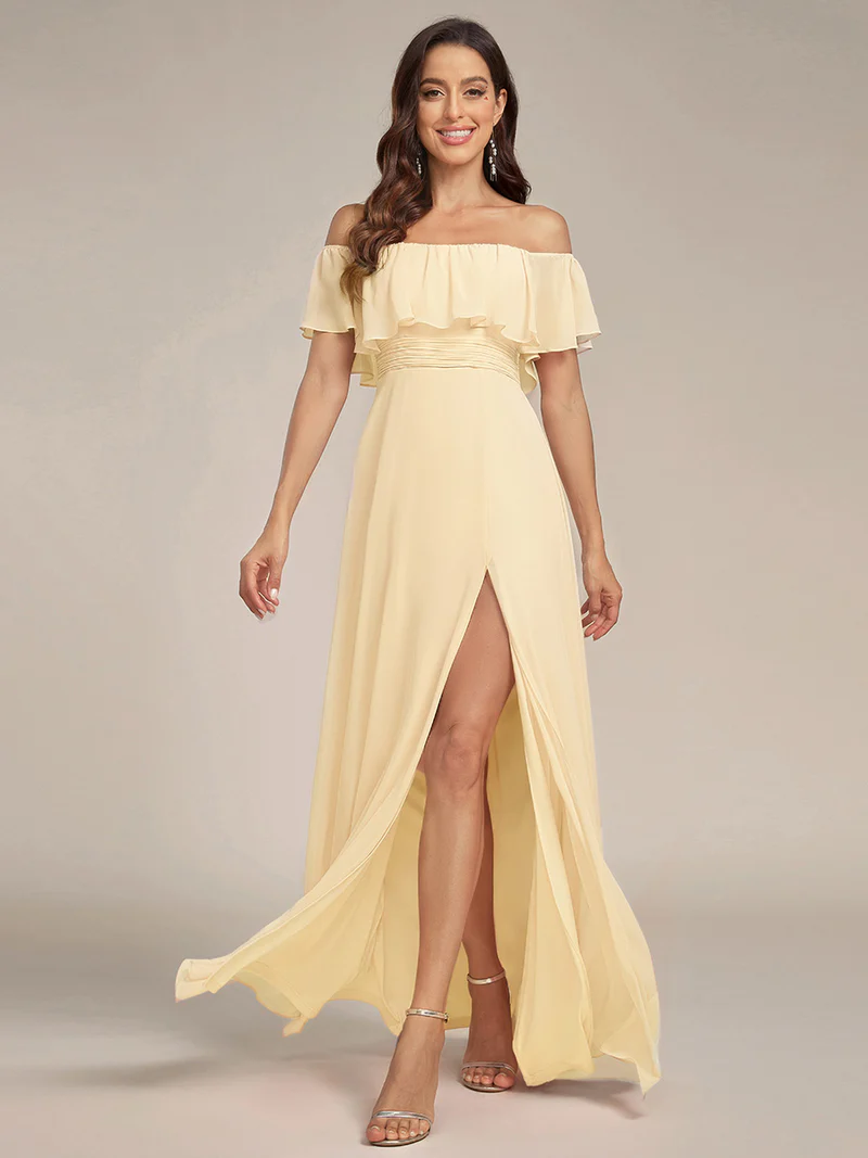 Off Shoulder Sleeveless Split Long Evening Dress (Yellow) (Retail)