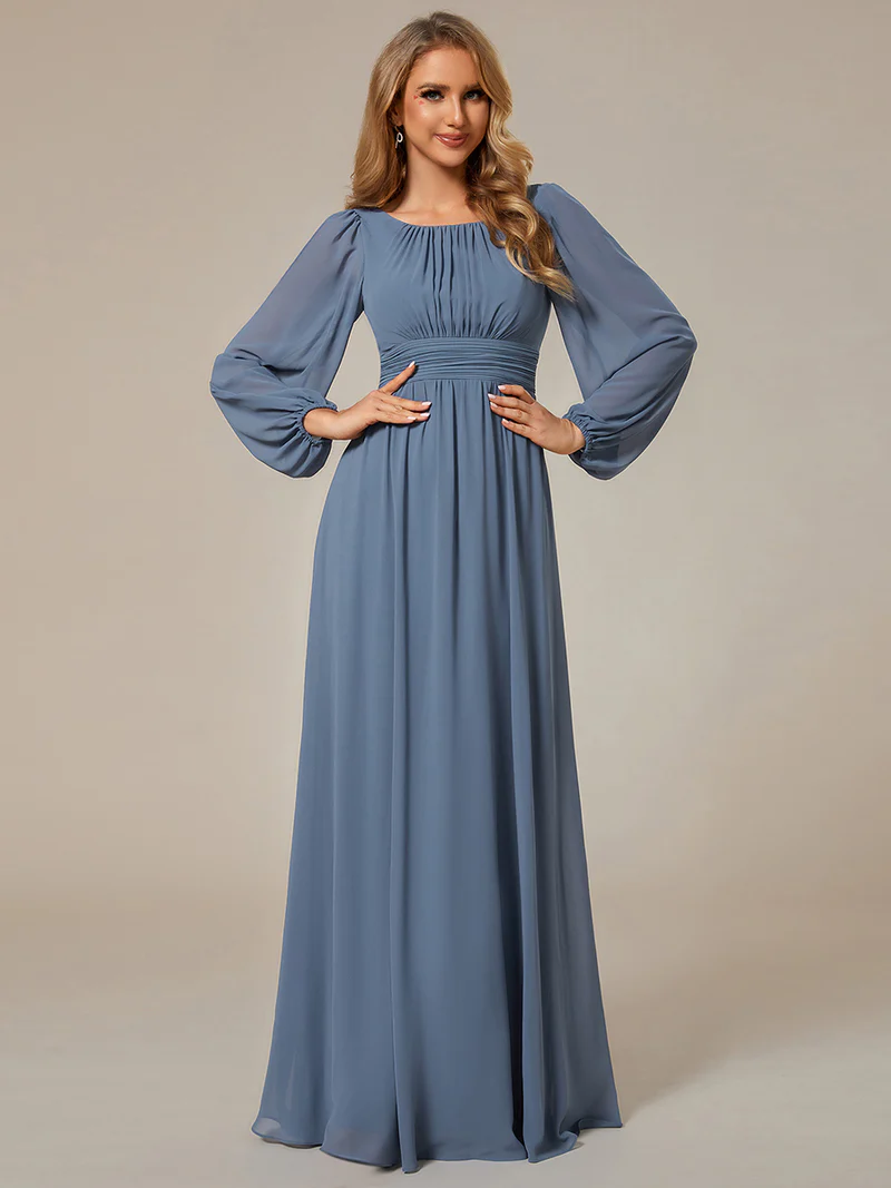 Long Lantern Sleeve A-Line Evening Gown (Dusty Blue) (Made To Order)