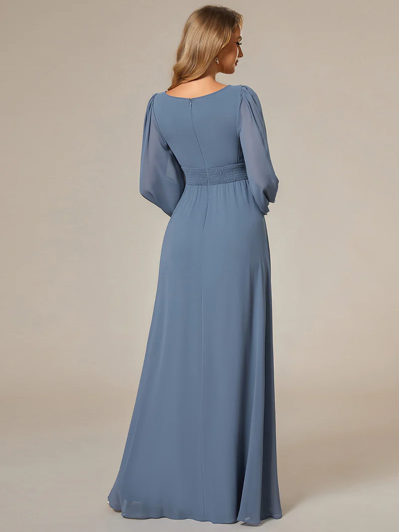 Long Lantern Sleeve A-Line Evening Gown (Dusty Blue) (Made To Order)