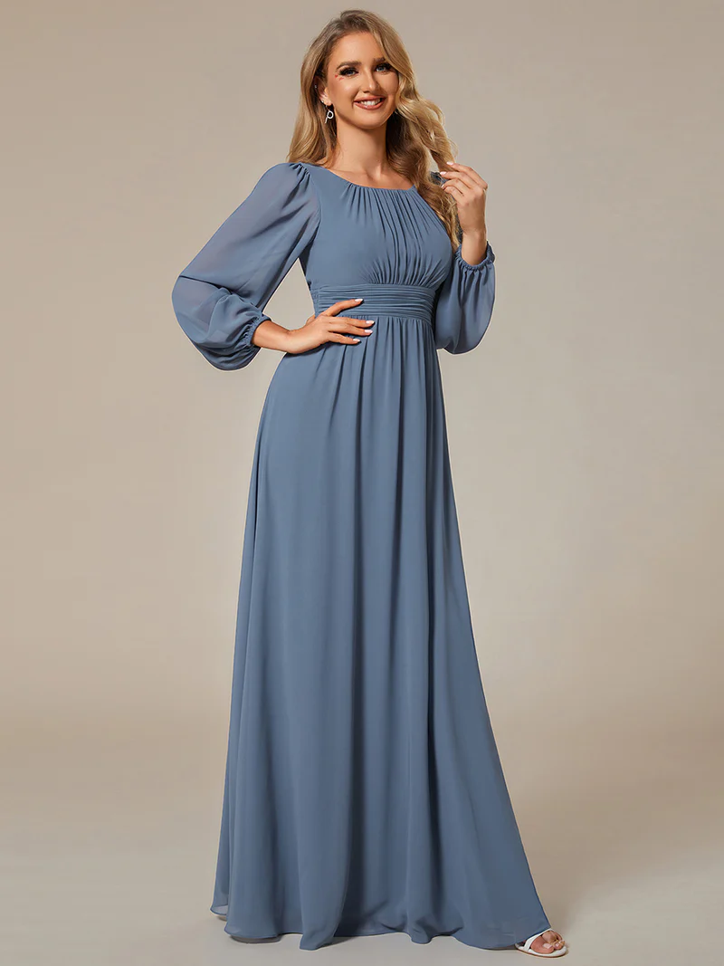 Long Lantern Sleeve A-Line Evening Gown (Dusty Blue) (Made To Order)