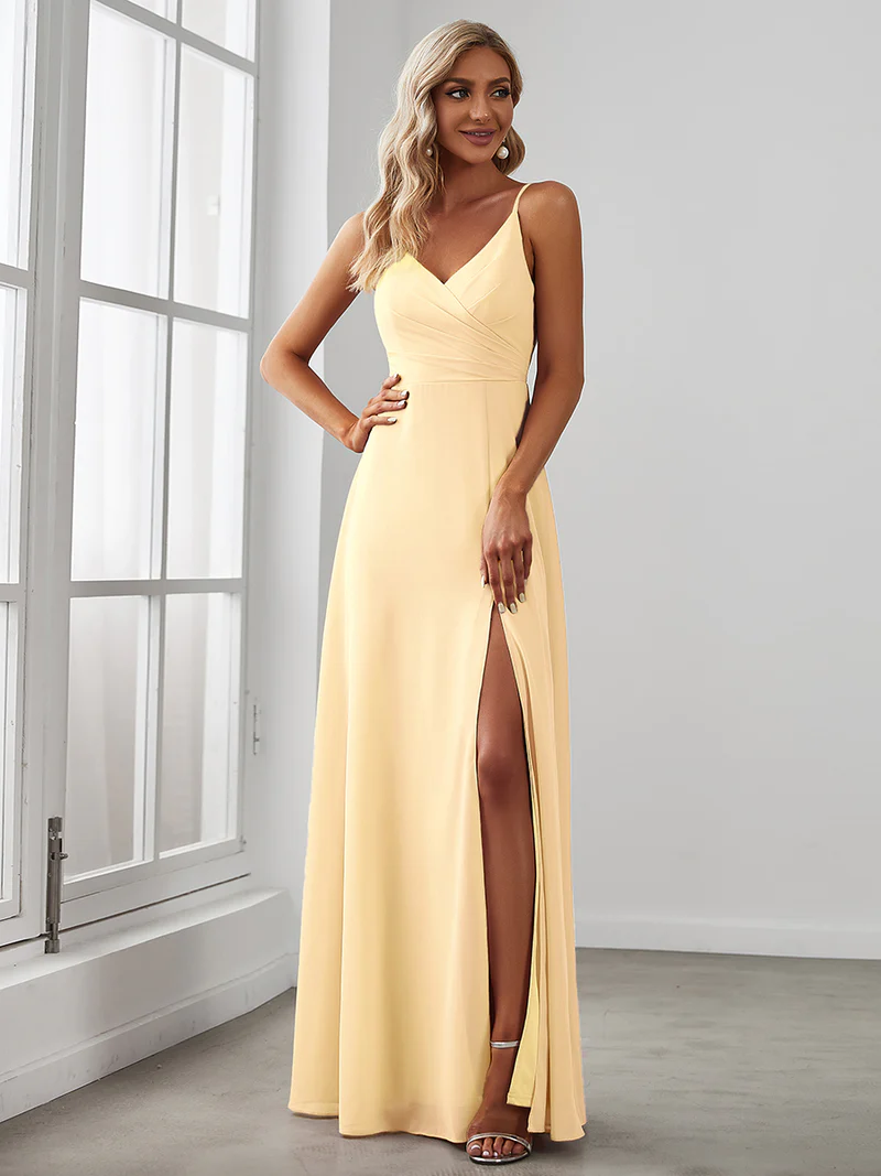 Spaghetti Strap Chiffon A-Line Split Dresses (Yellow) (Made To Order)