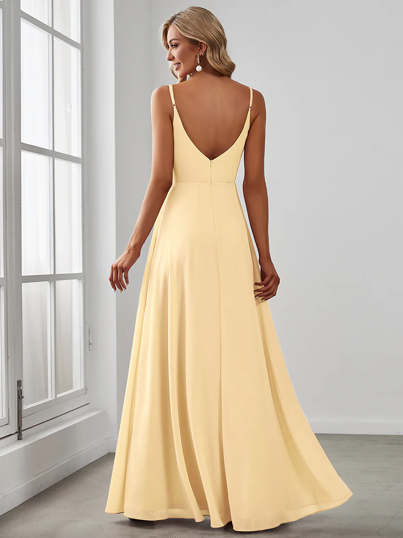 Spaghetti Strap Chiffon A-Line Split Dresses (Yellow) (Made To Order)