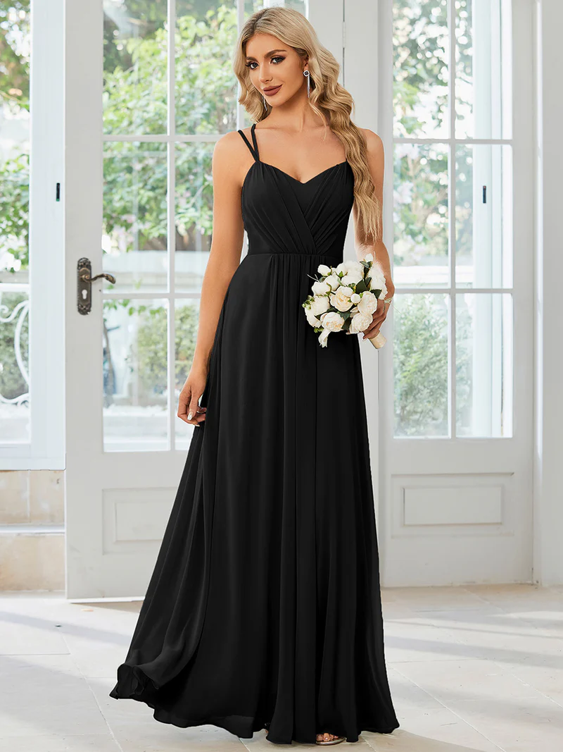 Lace V Back Chiffon A-line Evening Dress (Black) (Made To Order)