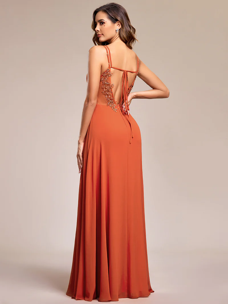 Lace V Back Chiffon A-line Evening Dress (Burnt Orange) (Made To Order)