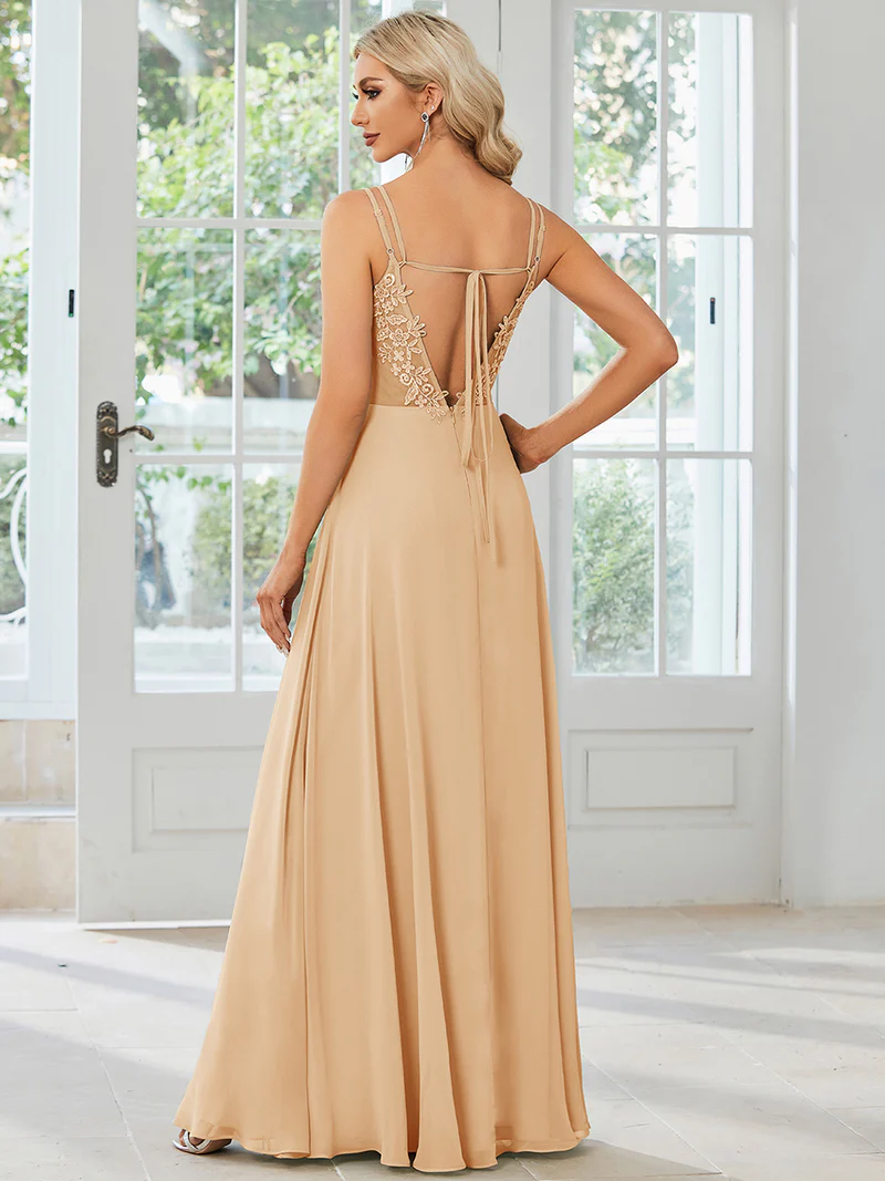 Lace V Back Chiffon A-line Evening Dress (Beige) (Made To Order)