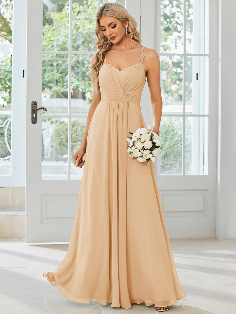 Lace V Back Chiffon A-line Evening Dress (Beige) (Made To Order)
