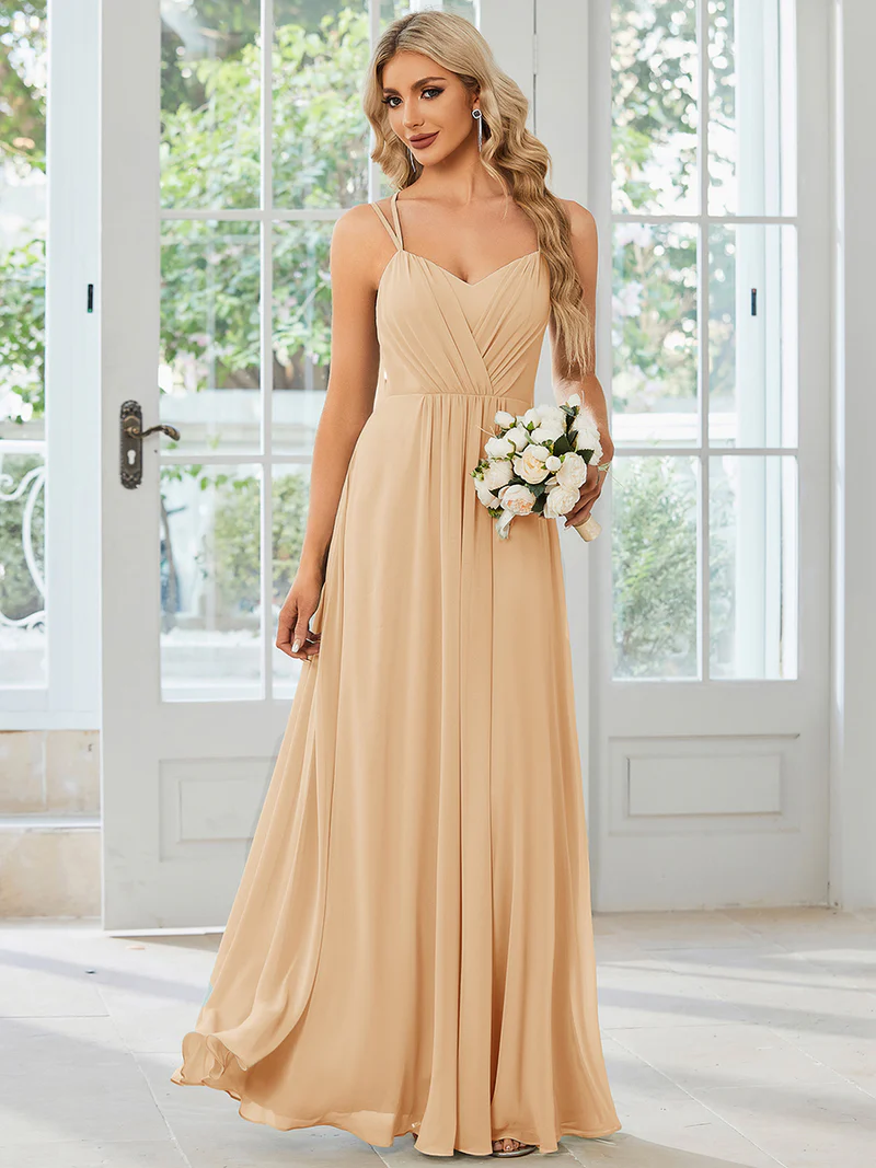 Lace V Back Chiffon A-line Evening Dress (Beige) (Made To Order)