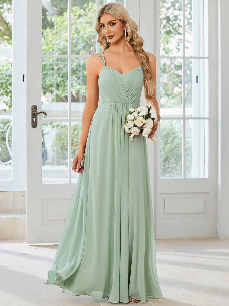 Lace V Back Chiffon A-line Evening Dress (Mint) (Made To Order)