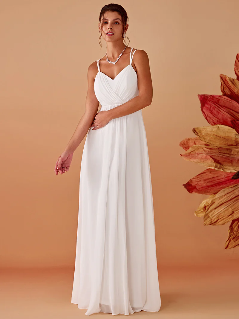 Lace V Back Chiffon A-line Evening Dress (White) (Made To Order)