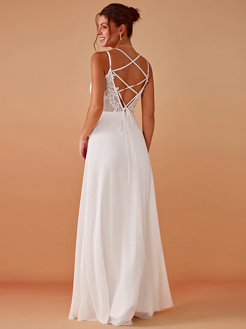 Lace V Back Chiffon A-line Evening Dress (White) (Made To Order)