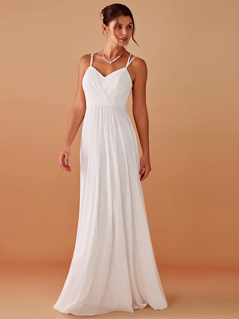 Lace V Back Chiffon A-line Evening Dress (White) (Made To Order)