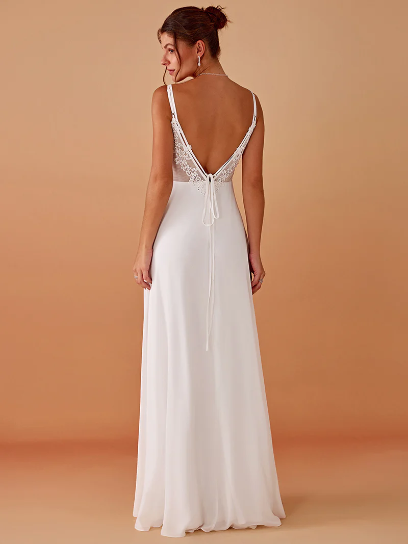 Lace V Back Chiffon A-line Evening Dress (White) (Made To Order)