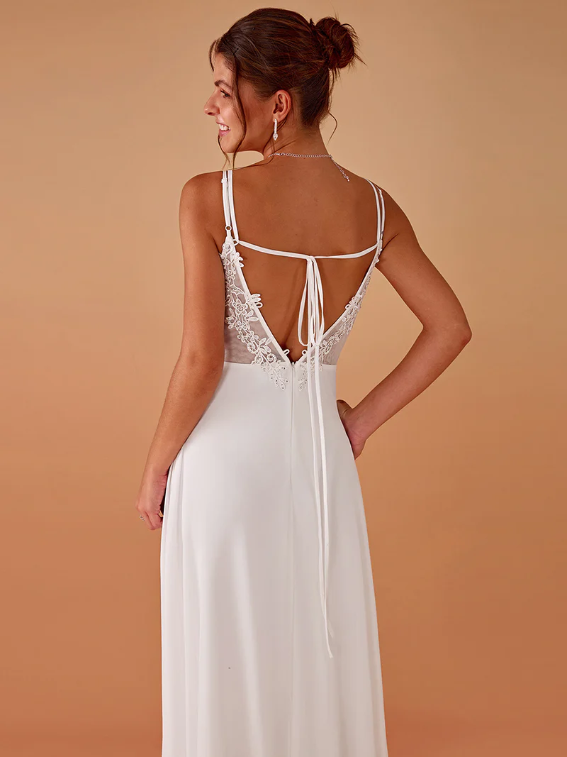 Lace V Back Chiffon A-line Evening Dress (White) (Made To Order)